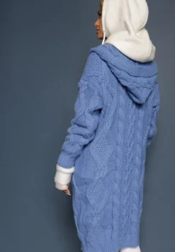 Niebieski Kardigan o Długim Fasonie z Kapturem i Kieszeniami Oricyna