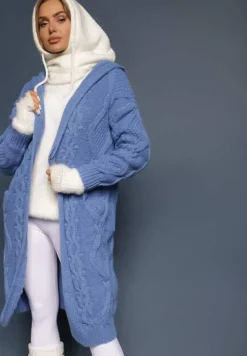 Niebieski Kardigan o Długim Fasonie z Kapturem i Kieszeniami Oricyna