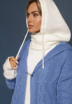 Niebieski Kardigan o Długim Fasonie z Kapturem i Kieszeniami Oricyna