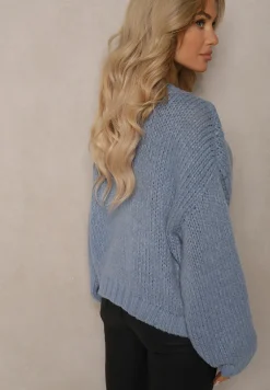 Niebieski Kardigan w Kwiatowe Aplikacje z Zapięciem na Elegancką Agrafkę Patista