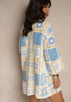 Niebieski Kardigan z Bawełny Ozdobiony Ażurowym Motywem Zorelle