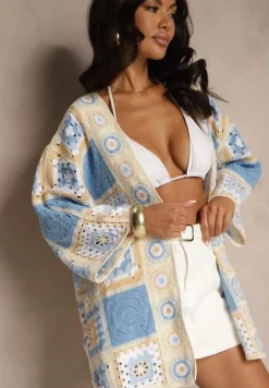 Niebieski Kardigan z Bawełny Ozdobiony Ażurowym Motywem Zorelle