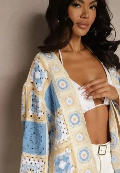 Niebieski Kardigan z Bawełny Ozdobiony Ażurowym Motywem Zorelle