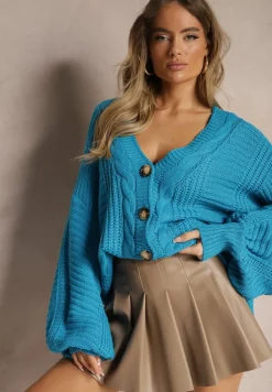 Niebieski Kardigan z Dodatkiem Wiskozy Wykończony Guzikami Tłoczeniem i Ściągaczem Fizora