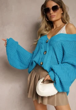 Niebieski Kardigan z Dodatkiem Wiskozy Wykończony Guzikami Tłoczeniem i Ściągaczem Fizora