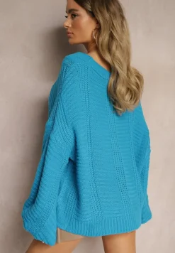 Niebieski Kardigan z Dodatkiem Wiskozy Wykończony Guzikami Tłoczeniem i Ściągaczem Fizora