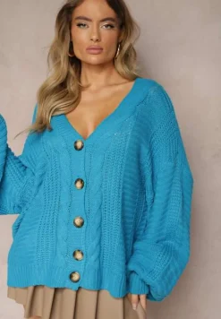 Niebieski Kardigan z Dodatkiem Wiskozy Wykończony Guzikami Tłoczeniem i Ściągaczem Fizora