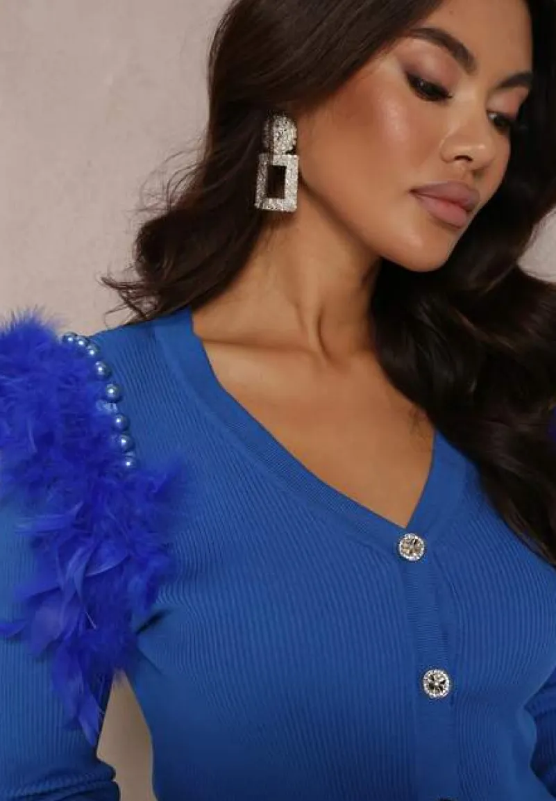 Niebieski Kardigan z Piórami i Perłami Josha