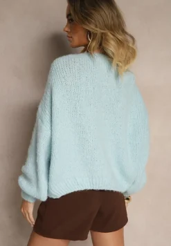 Niebieski Kardigan z Wełną o Kroju Oversize z Wiązanymi Kokardami Elearina