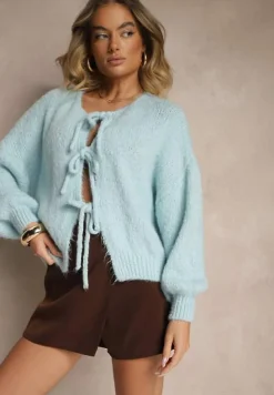 Niebieski Kardigan z Wełną o Kroju Oversize z Wiązanymi Kokardami Elearina