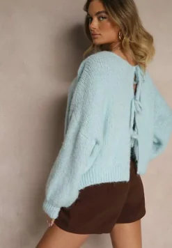 Niebieski Kardigan z Wełną o Kroju Oversize z Wiązanymi Kokardami Elearina