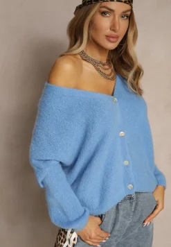 Niebieski Kardigan z Wełną i Moherem o Klasycznym Kroju z Dekoltem w Serek Avelmio