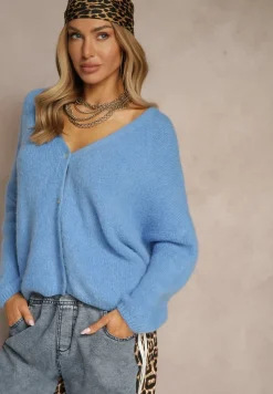 Niebieski Kardigan z Wełną i Moherem o Klasycznym Kroju z Dekoltem w Serek Avelmio
