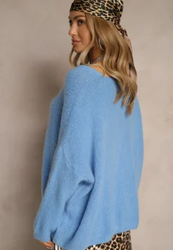 Niebieski Kardigan z Wełną i Moherem o Klasycznym Kroju z Dekoltem w Serek Avelmio