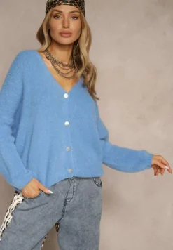 Niebieski Kardigan z Wełną i Moherem o Klasycznym Kroju z Dekoltem w Serek Avelmio