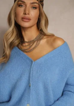 Niebieski Kardigan z Wełną i Moherem o Klasycznym Kroju z Dekoltem w Serek Avelmio