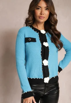 Niebieski Kardigan z Wiskozy o Klasycznym Fasonie z Perłami i Kwiatami Kallu