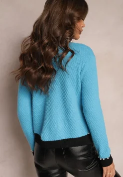 Niebieski Kardigan z Wiskozy o Klasycznym Fasonie z Perłami i Kwiatami Kallu