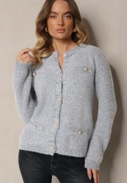Niebieski Kardigan z Wiskozą Ozdobiony Imitacją Kieszeni i Guzikami Nomilira