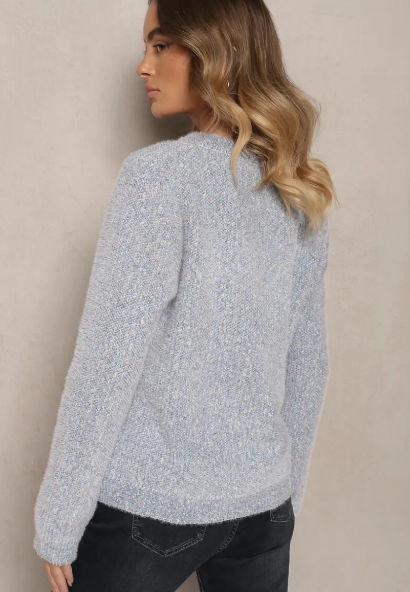 Niebieski Kardigan z Wiskozą Ozdobiony Imitacją Kieszeni i Guzikami Nomilira