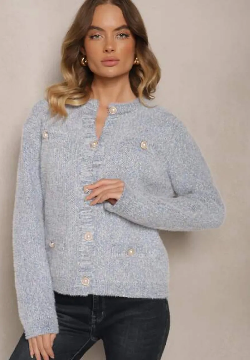 Niebieski Kardigan z Wiskozą Ozdobiony Imitacją Kieszeni i Guzikami Nomilira