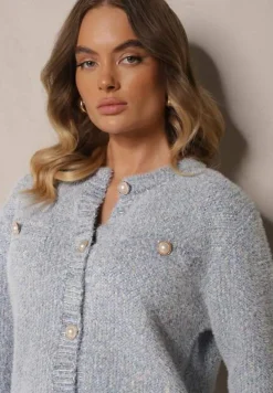 Niebieski Kardigan z Wiskozą Ozdobiony Imitacją Kieszeni i Guzikami Nomilira
