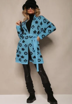 Niebieski Kardigan z Wiązanym Paskiem Ozdobiony Wzorem w Kwiaty Timonen