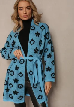 Niebieski Kardigan z Wiązanym Paskiem Ozdobiony Wzorem w Kwiaty Timonen