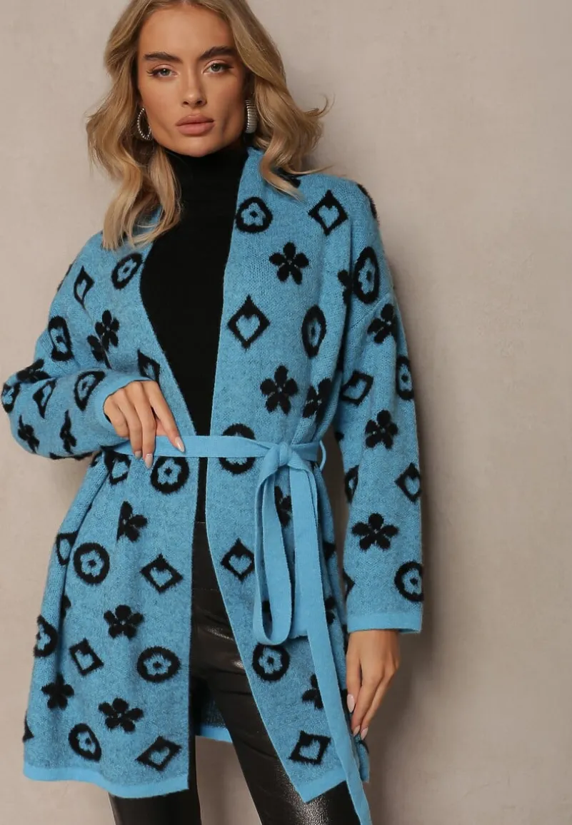 Niebieski Kardigan z Wiązanym Paskiem Ozdobiony Wzorem w Kwiaty Timonen