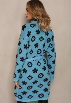 Niebieski Kardigan z Wiązanym Paskiem Ozdobiony Wzorem w Kwiaty Timonen