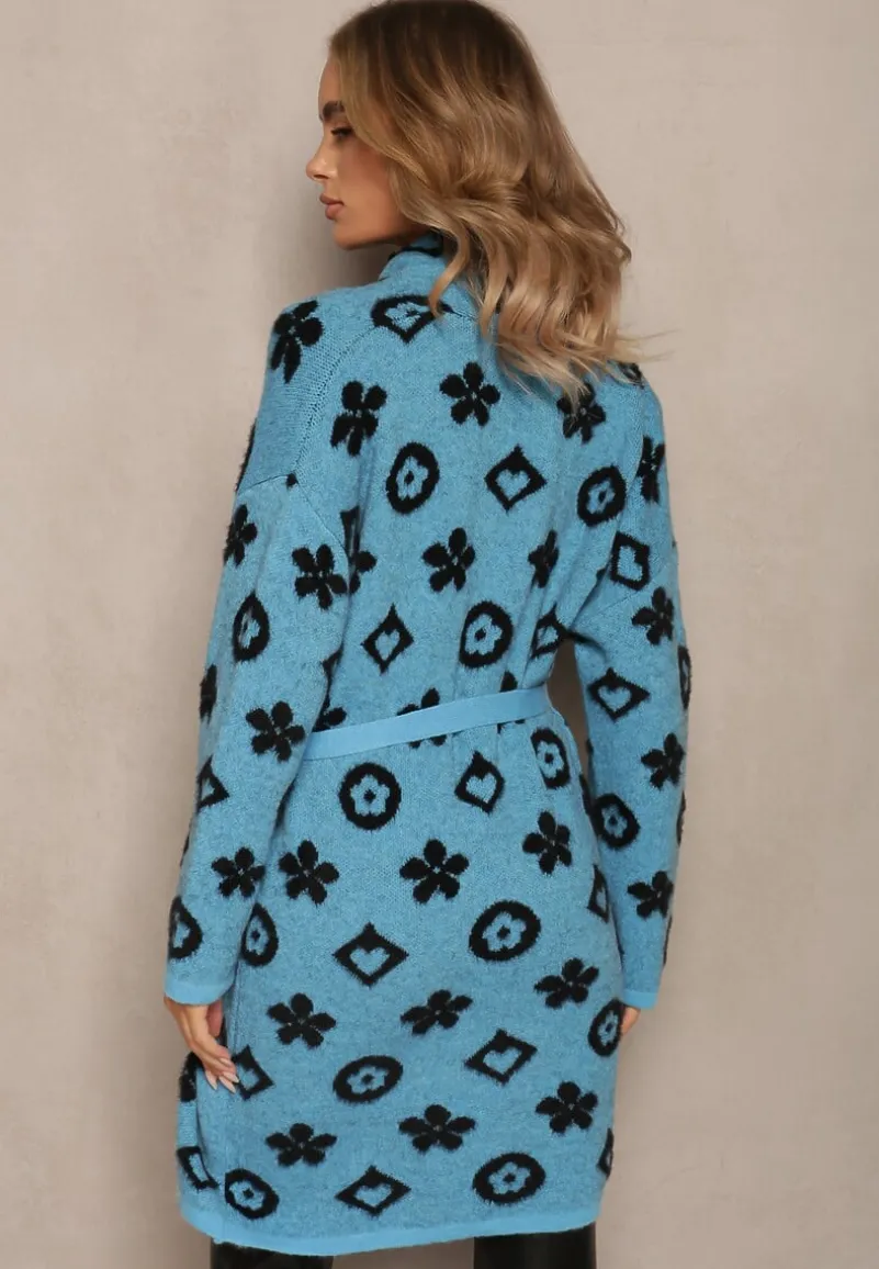 Niebieski Kardigan z Wiązanym Paskiem Ozdobiony Wzorem w Kwiaty Timonen
