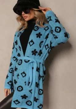 Niebieski Kardigan z Wiązanym Paskiem Ozdobiony Wzorem w Kwiaty Timonen