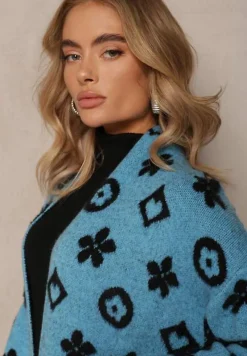 Niebieski Kardigan z Wiązanym Paskiem Ozdobiony Wzorem w Kwiaty Timonen