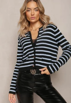 Niebieski Kardigan Zapinany na Guziki w Paski Obatana