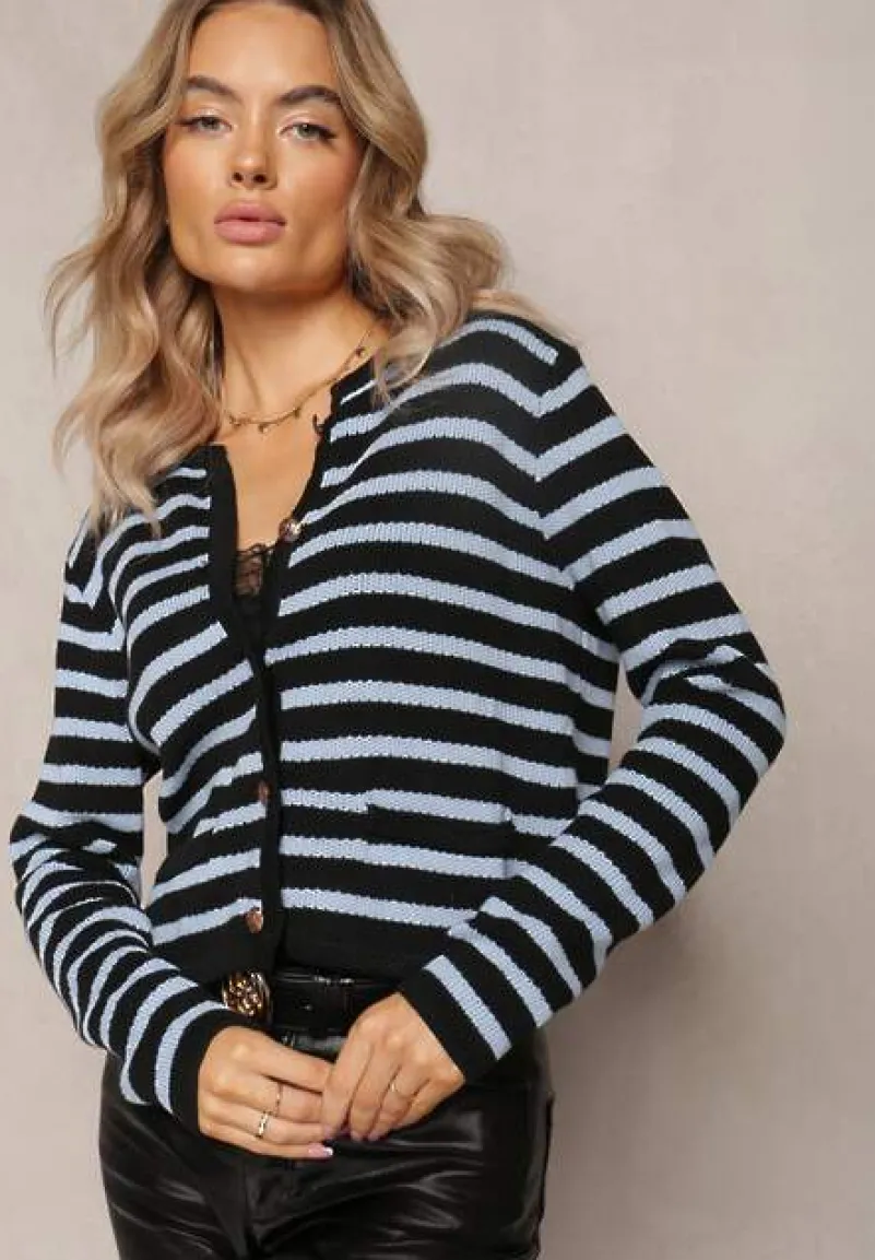 Niebieski Kardigan Zapinany na Guziki w Paski Obatana