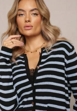 Niebieski Kardigan Zapinany na Guziki w Paski Obatana