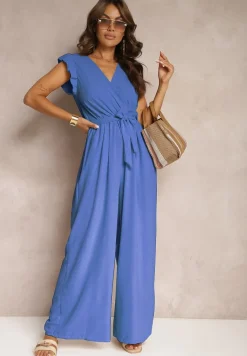 Niebieski Koktajlowy Kombinezon Wiązany Paskiem Wykończony Falbankami przy Ramionach Vimaseni