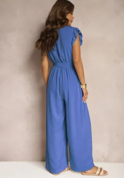 Niebieski Koktajlowy Kombinezon Wiązany Paskiem Wykończony Falbankami przy Ramionach Vimaseni