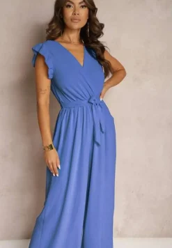 Niebieski Koktajlowy Kombinezon Wiązany Paskiem Wykończony Falbankami przy Ramionach Vimaseni