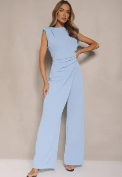 Niebieski Kombinezon Bez Rękawów z Szeroką Nogawką i Marszczeniem Sepellia
