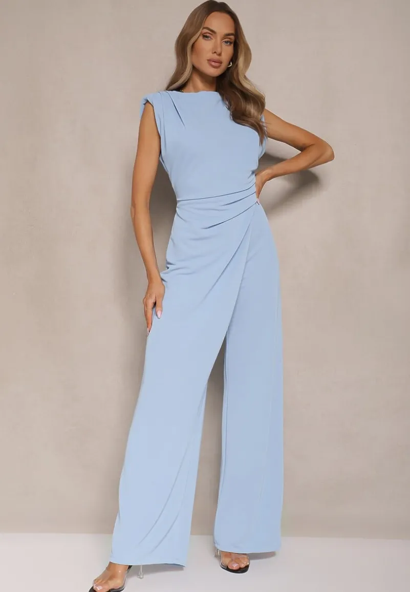 Niebieski Kombinezon Bez Rękawów z Szeroką Nogawką i Marszczeniem Sepellia