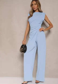 Niebieski Kombinezon Bez Rękawów z Szeroką Nogawką i Marszczeniem Sepellia
