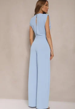 Niebieski Kombinezon Bez Rękawów z Szeroką Nogawką i Marszczeniem Sepellia