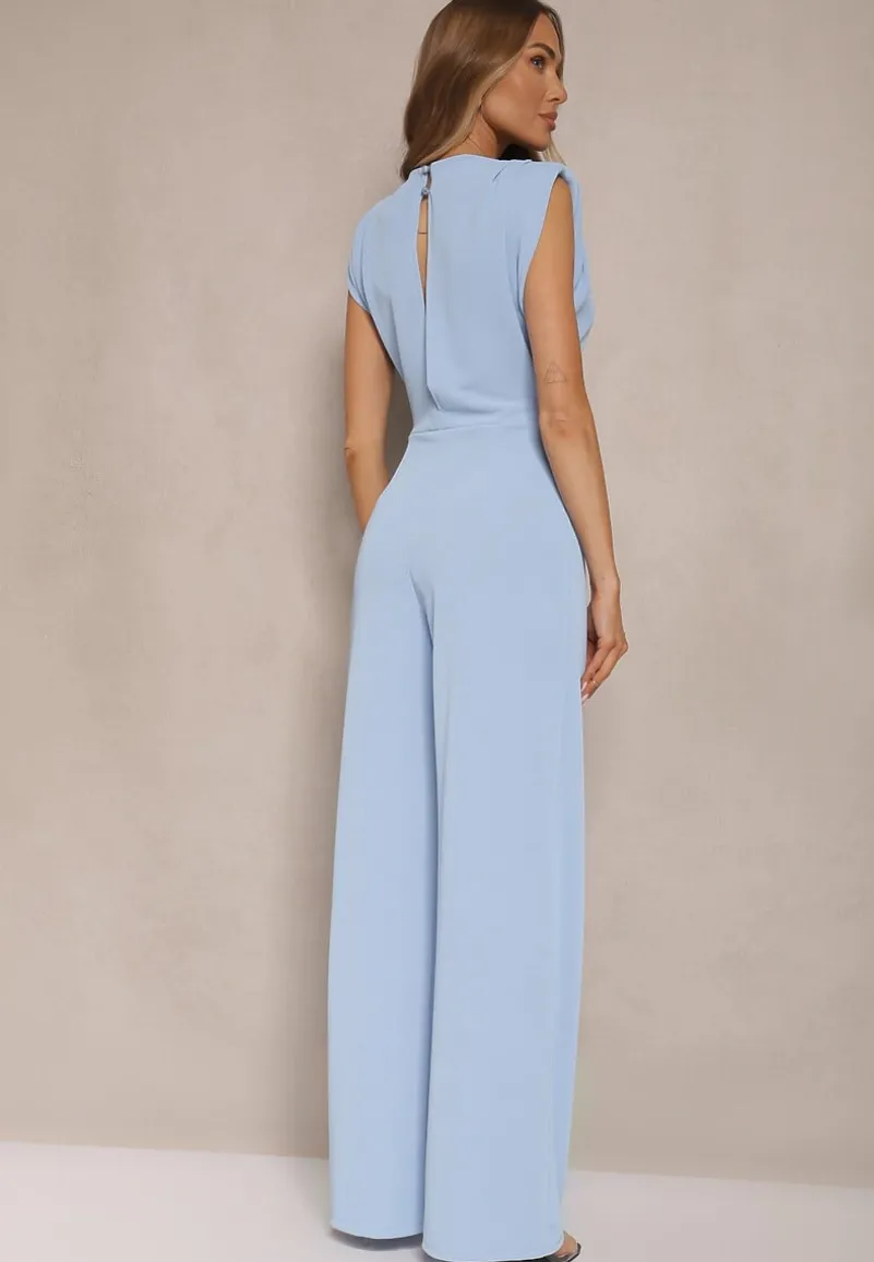 Niebieski Kombinezon Bez Rękawów z Szeroką Nogawką i Marszczeniem Sepellia