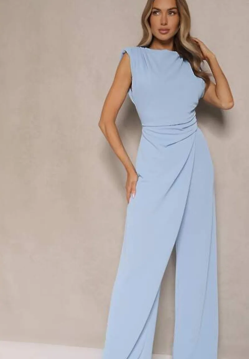 Niebieski Kombinezon Bez Rękawów z Szeroką Nogawką i Marszczeniem Sepellia