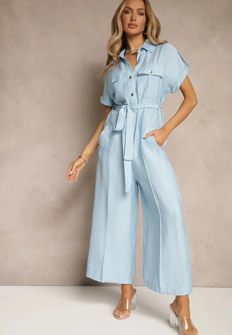 Niebieski Kombinezon Ozdobiony Kieszeniami i Paskiem Wilsedi
