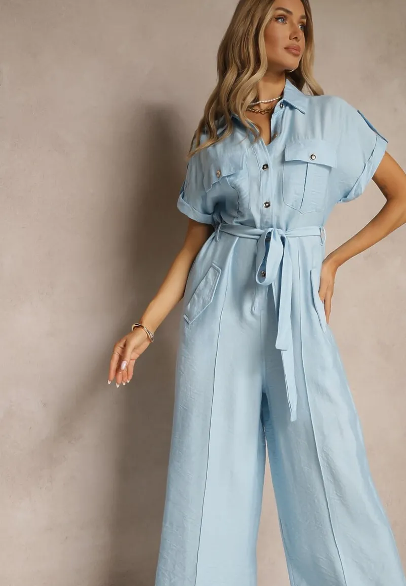 Niebieski Kombinezon Ozdobiony Kieszeniami i Paskiem Wilsedi