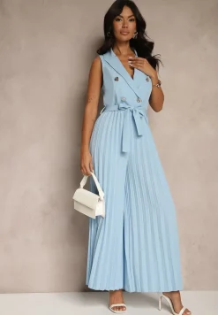 Niebieski Kombinezon Taliowany w Garniturowym Stylu z Paskiem i Guzikami Fillomia