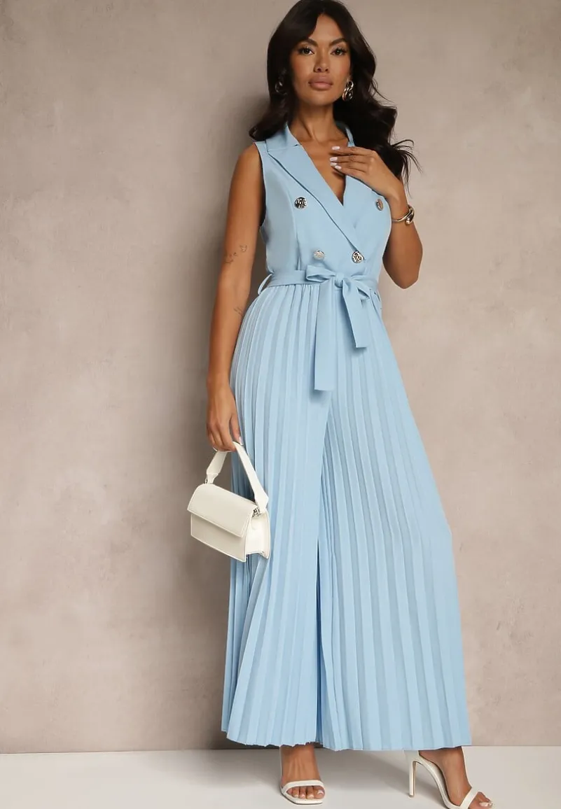 Niebieski Kombinezon Taliowany w Garniturowym Stylu z Paskiem i Guzikami Fillomia