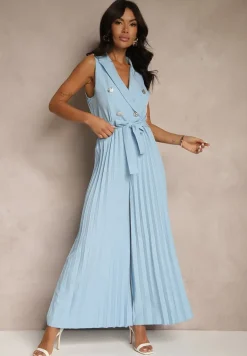 Niebieski Kombinezon Taliowany w Garniturowym Stylu z Paskiem i Guzikami Fillomia